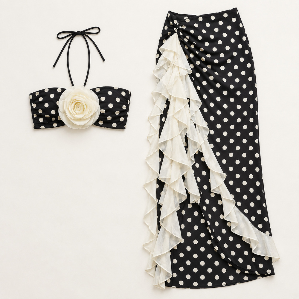BLITHE Black Ivory Polka Dot Flower Top Ruffle Maxi Skirt Set Resort NWT